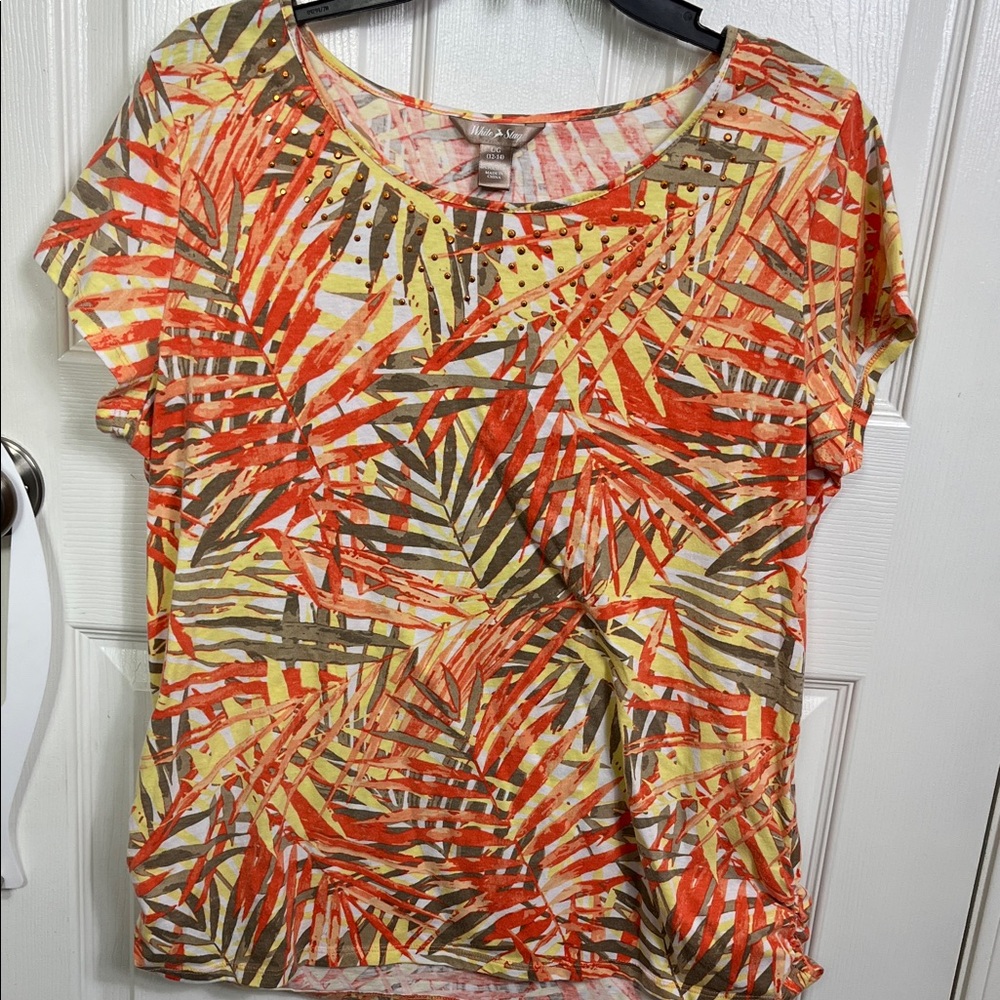 White Stag Tropical Leaf Print Top L Orange Yellow Short Sleeve Summer Blouse